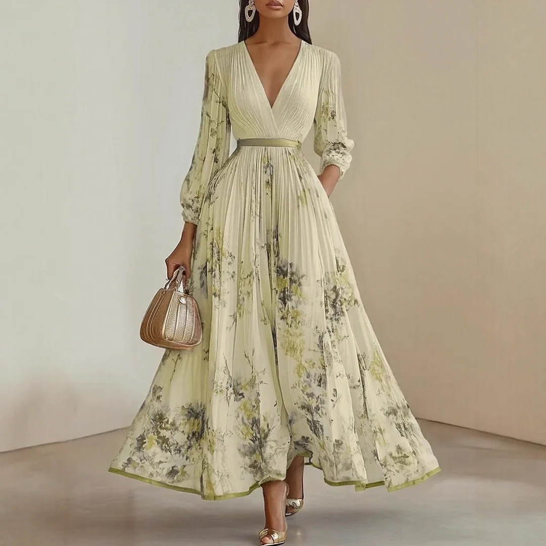 Elegant Pleated Maxi V-Neck Dress Flowing Pleated Design Adjustable Waist Tie
