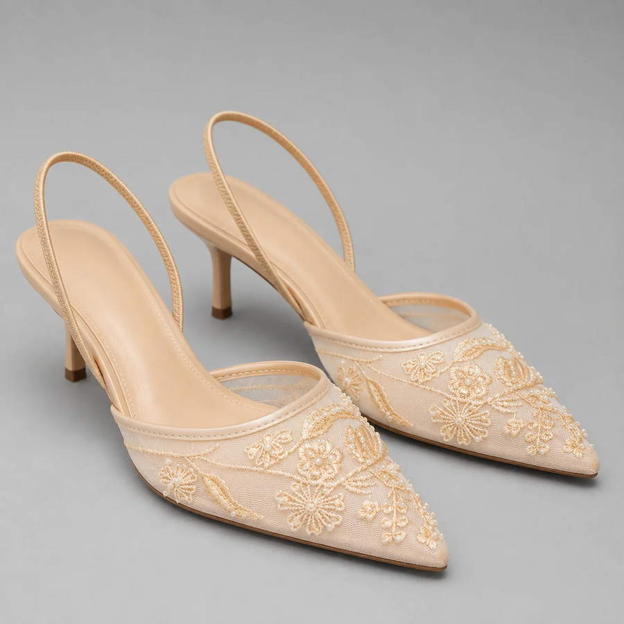 Embroidered Mesh Kitten Heel Slingbacks Pointed Toe Slingback Strap