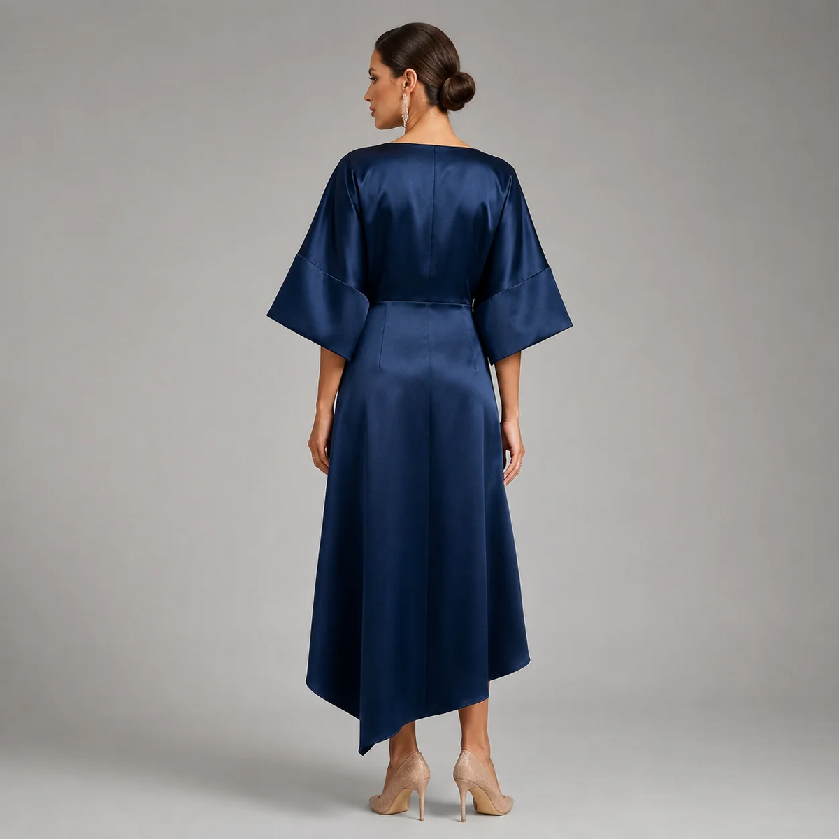 Satin-Look Batwing Sleeve Midi Dress Boat Neckline Jewel Brooch Waist Detail