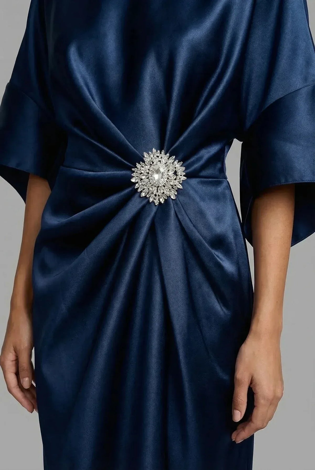 Satin-Look Batwing Sleeve Midi Dress Boat Neckline Jewel Brooch Waist Detail