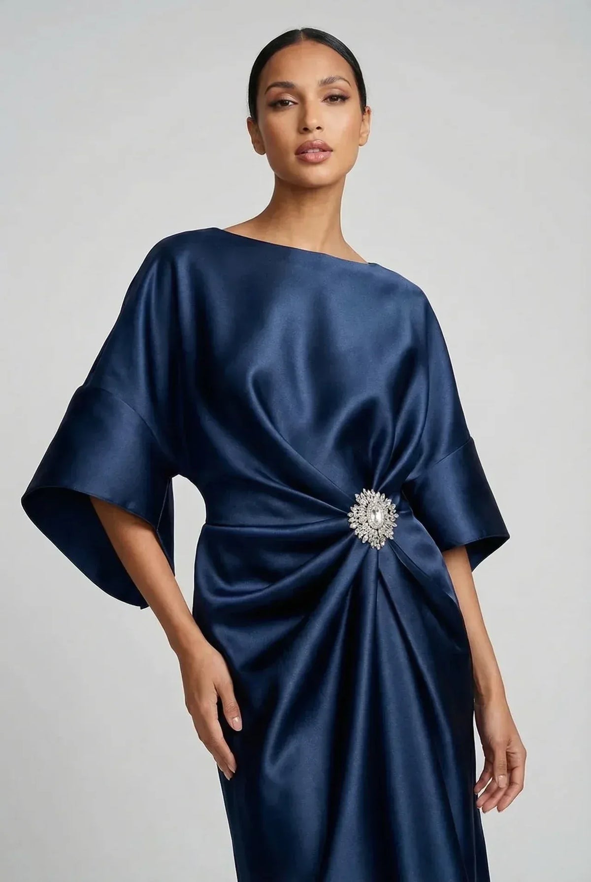 Satin-Look Batwing Sleeve Midi Dress Boat Neckline Jewel Brooch Waist Detail
