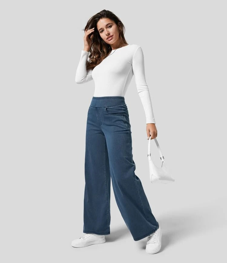 High-Waist Wide-Leg Jeans Pull-On Waistband Comfortable Denim