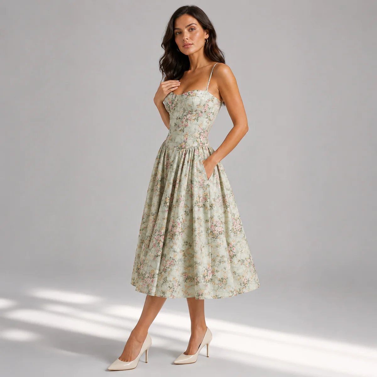 Floral Corset Midi Dress Sweetheart Neckline Spaghetti Straps Gathered Skirt