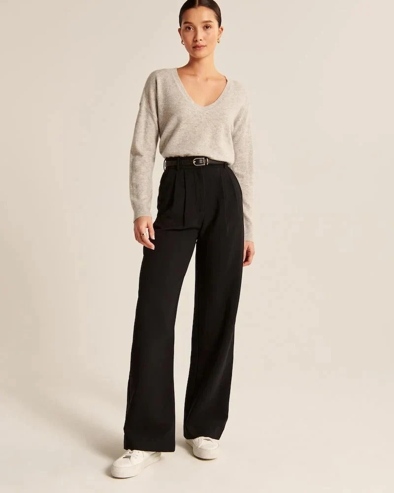 High-Waist Wide-Leg Tailored Trousers Pleated Front