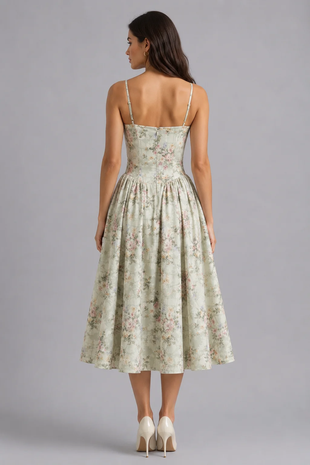 Floral Corset Midi Dress Sweetheart Neckline Spaghetti Straps Gathered Skirt