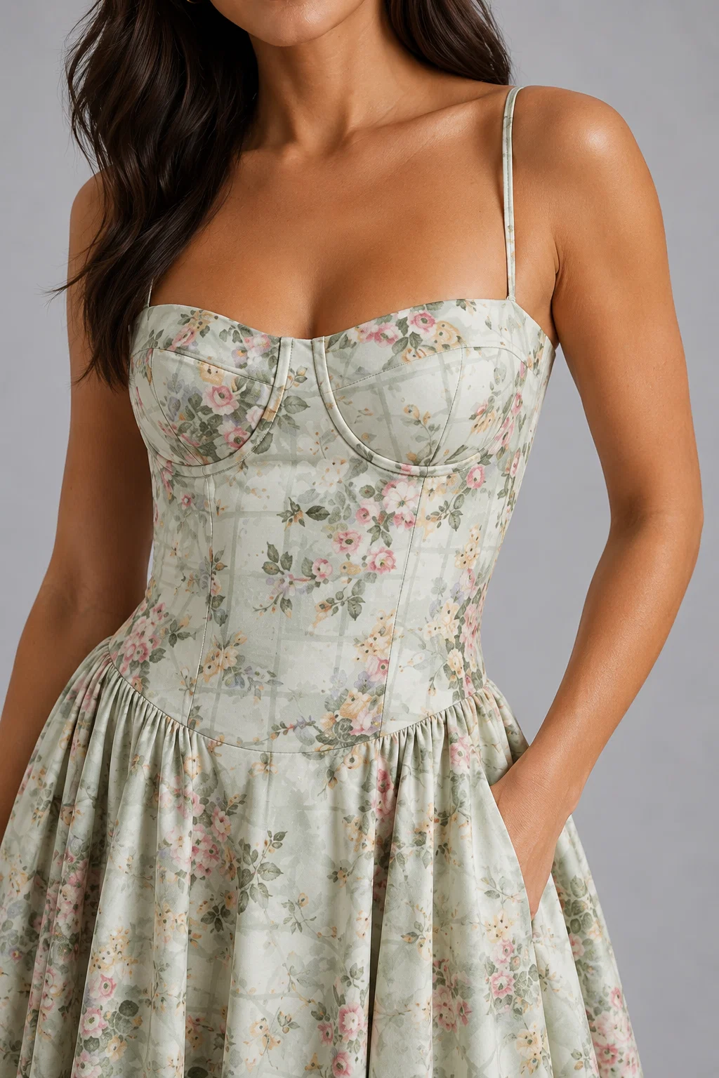 Floral Corset Midi Dress Sweetheart Neckline Spaghetti Straps Gathered Skirt