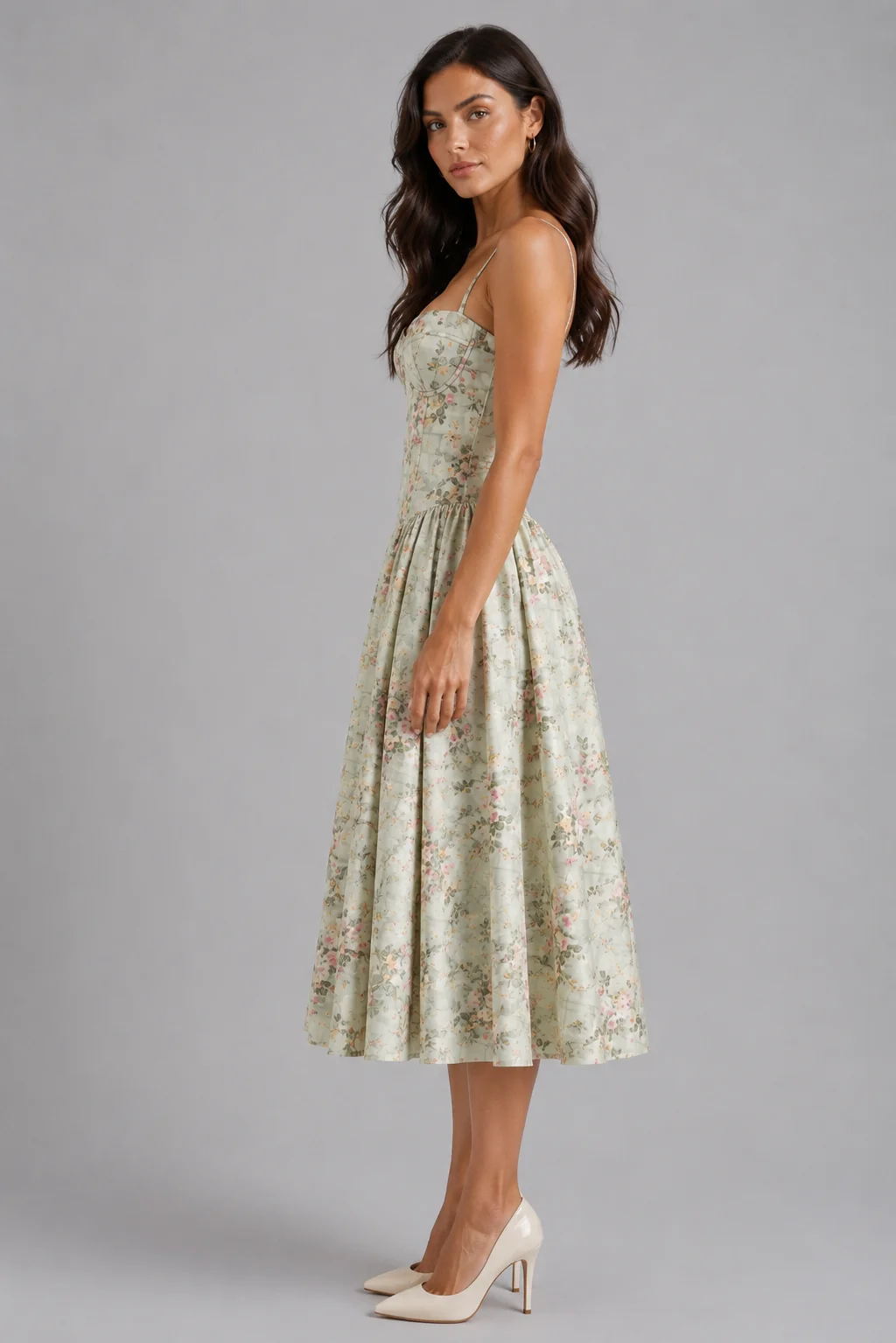 Floral Corset Midi Dress Sweetheart Neckline Spaghetti Straps Gathered Skirt