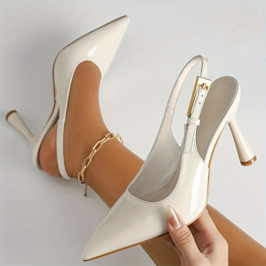 Chain Ankle Stiletto Slingback Heels Pointed Toe Patent Finish Gold-Tone Chain Detail