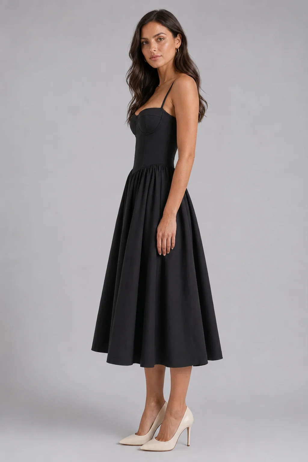Floral Corset Midi Dress Sweetheart Neckline Spaghetti Straps Gathered Skirt