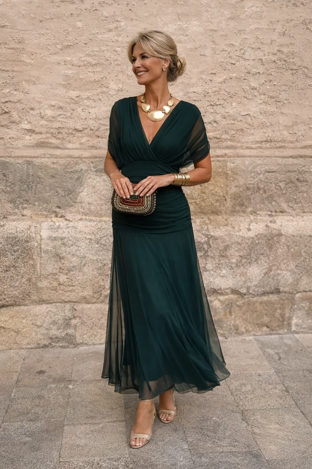 Chiffon Maxi Dress V-Neck Ruched Waist Floaty Sleeves Ankle-Length