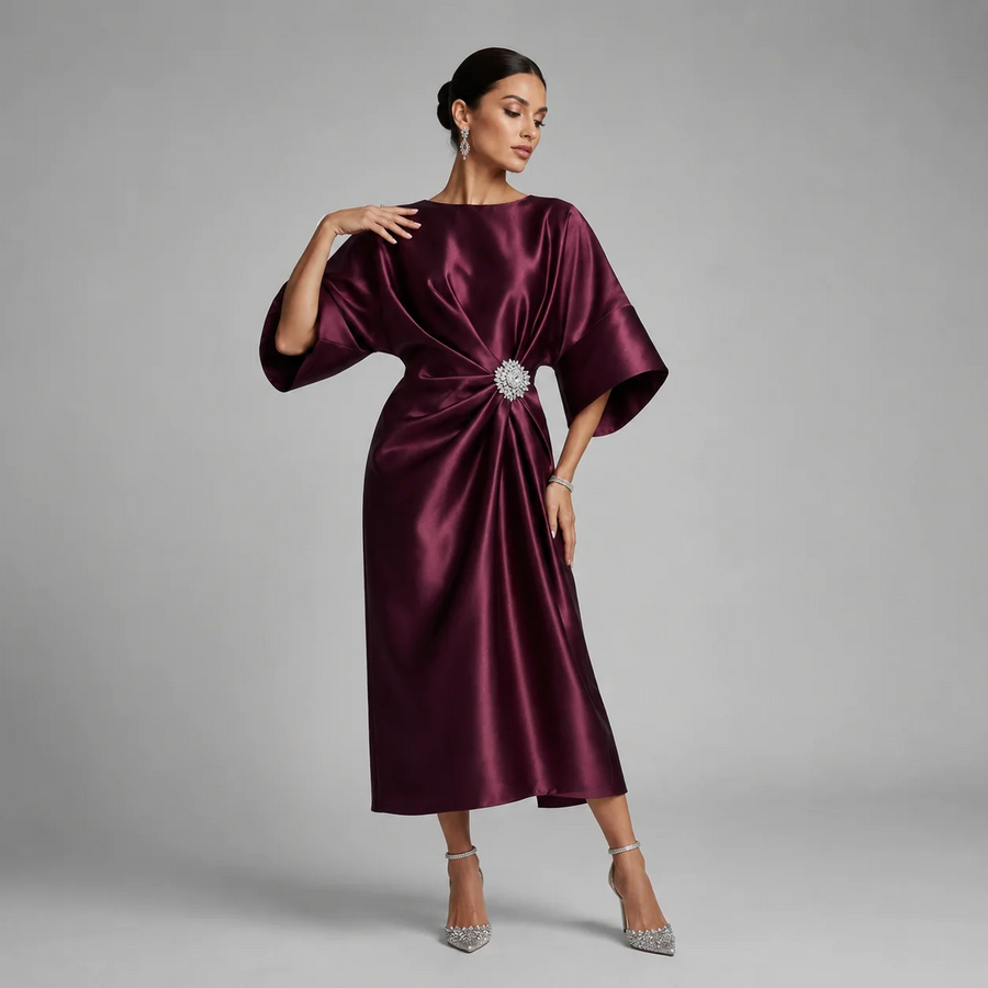 Satin-Look Batwing Sleeve Midi Dress Boat Neckline Jewel Brooch Waist Detail