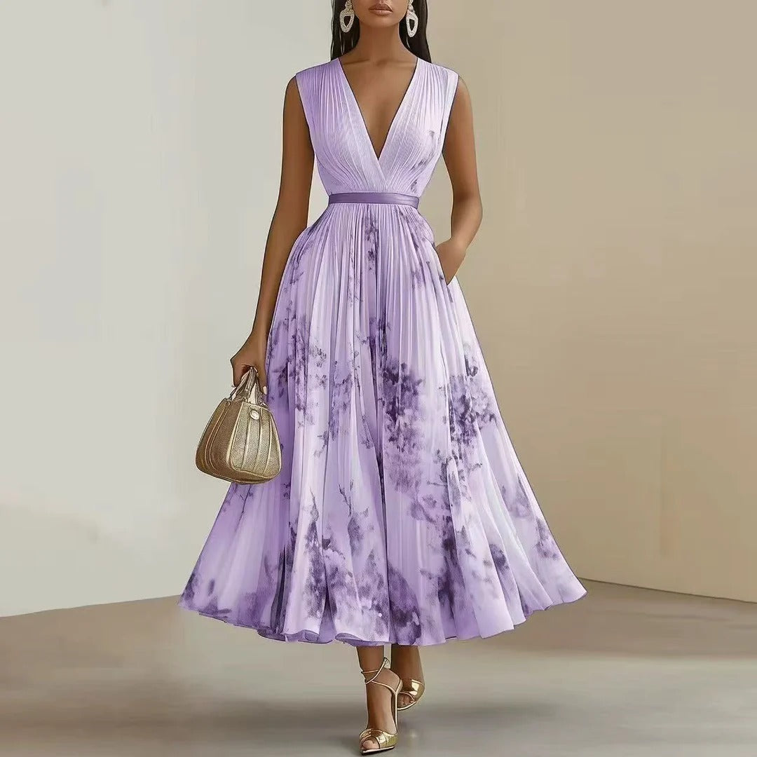 Elegant Pleated Maxi V-Neck Dress Flowing Pleated Design Adjustable Waist Tie