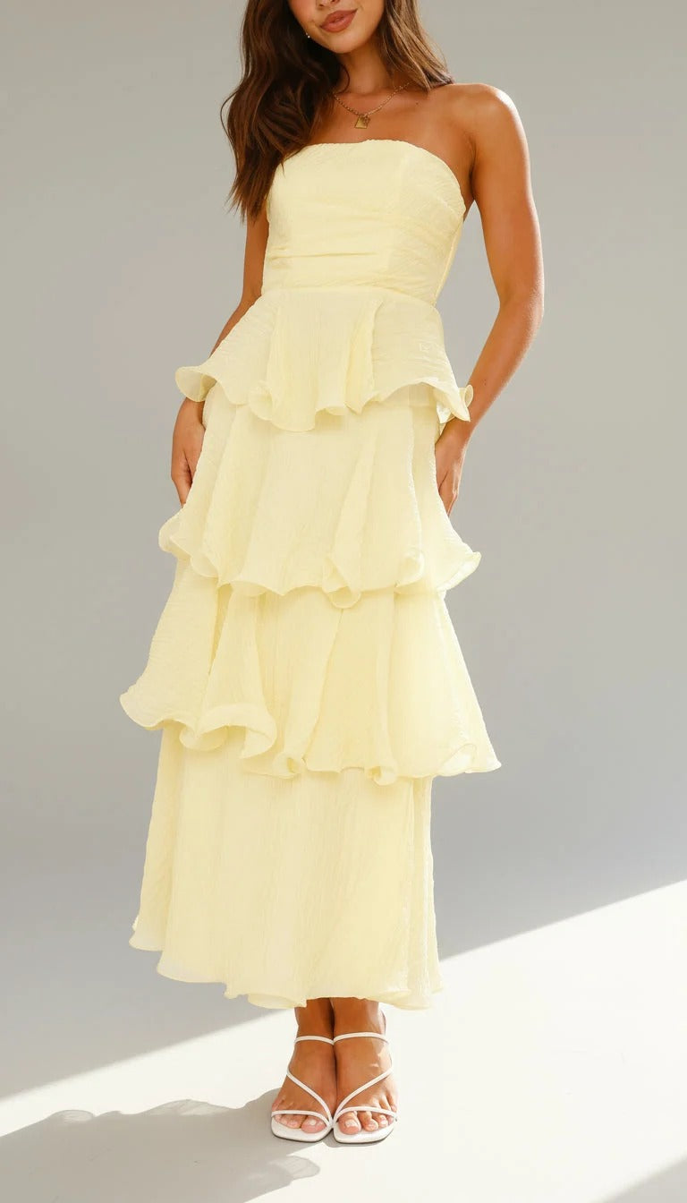 Strapless Tiered Ruffle Maxi Dress Fitted Bodice Three-Tier Skirt Elegant Wedding Wear