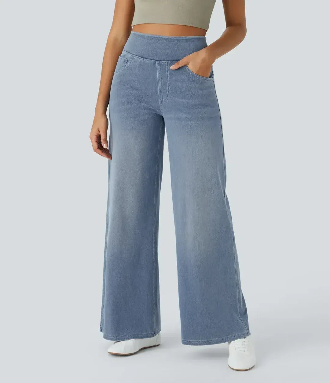 High-Waist Wide-Leg Jeans Pull-On Waistband Comfortable Denim