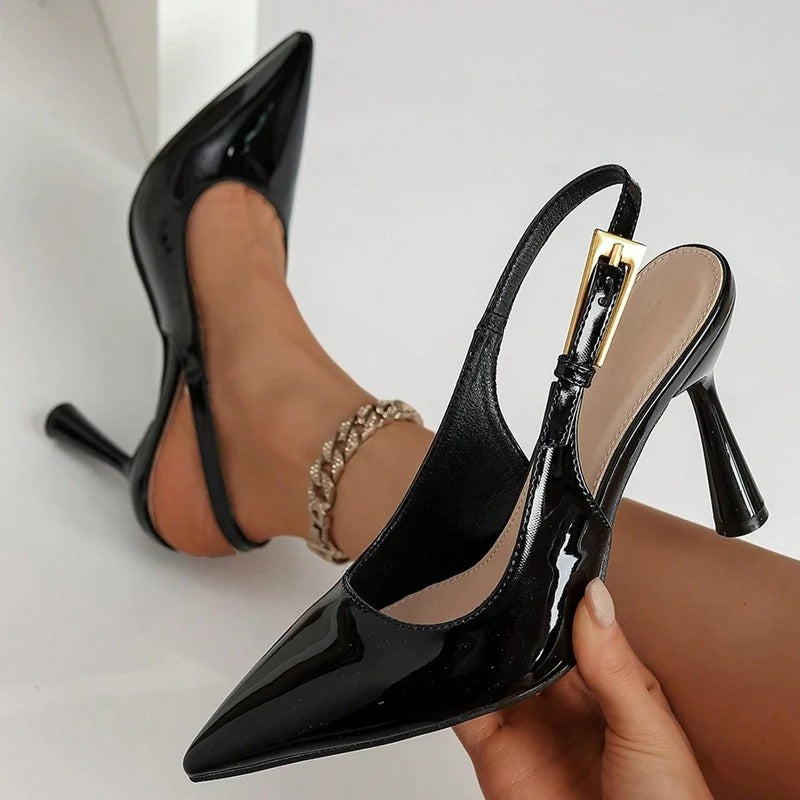Chain Ankle Stiletto Slingback Heels Pointed Toe Patent Finish Gold-Tone Chain Detail
