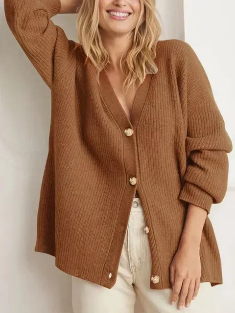 Ribbed Knit V-Neck Cardigan Oversized Button Front Luxe Blend