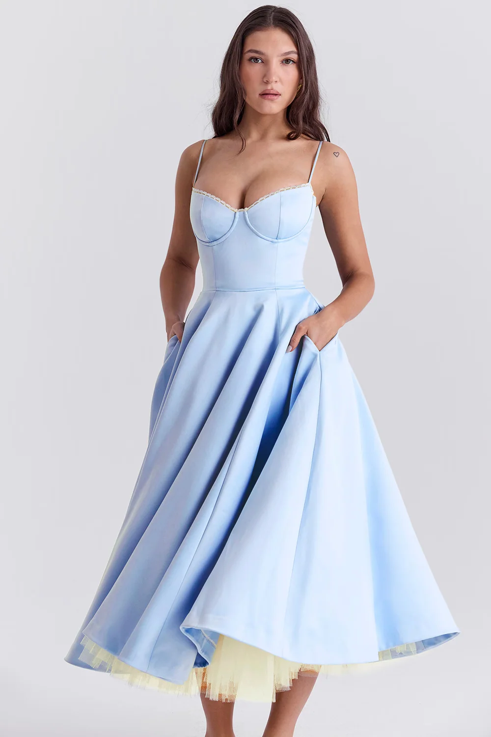 Boned Corset Midi Dress Sweetheart Neckline Tulle Skirt Pockets