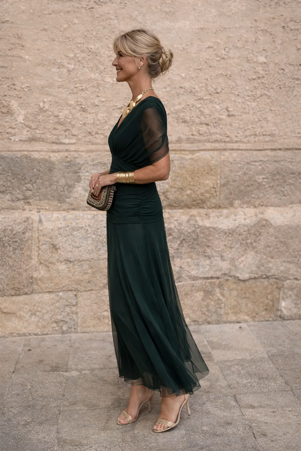 Chiffon Maxi Dress V-Neck Ruched Waist Floaty Sleeves Ankle-Length