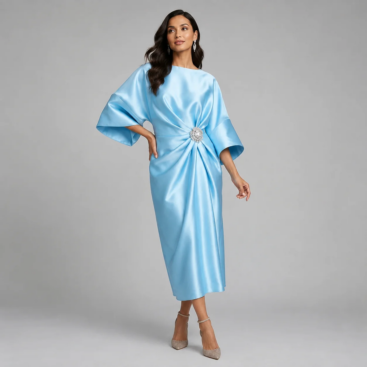 Satin-Look Batwing Sleeve Midi Dress Boat Neckline Jewel Brooch Waist Detail