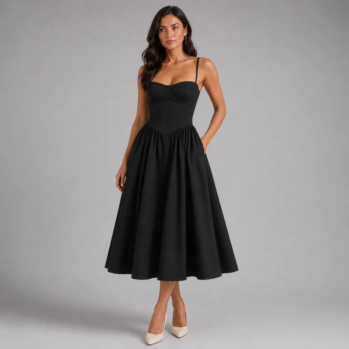 Floral Corset Midi Dress Sweetheart Neckline Spaghetti Straps Gathered Skirt