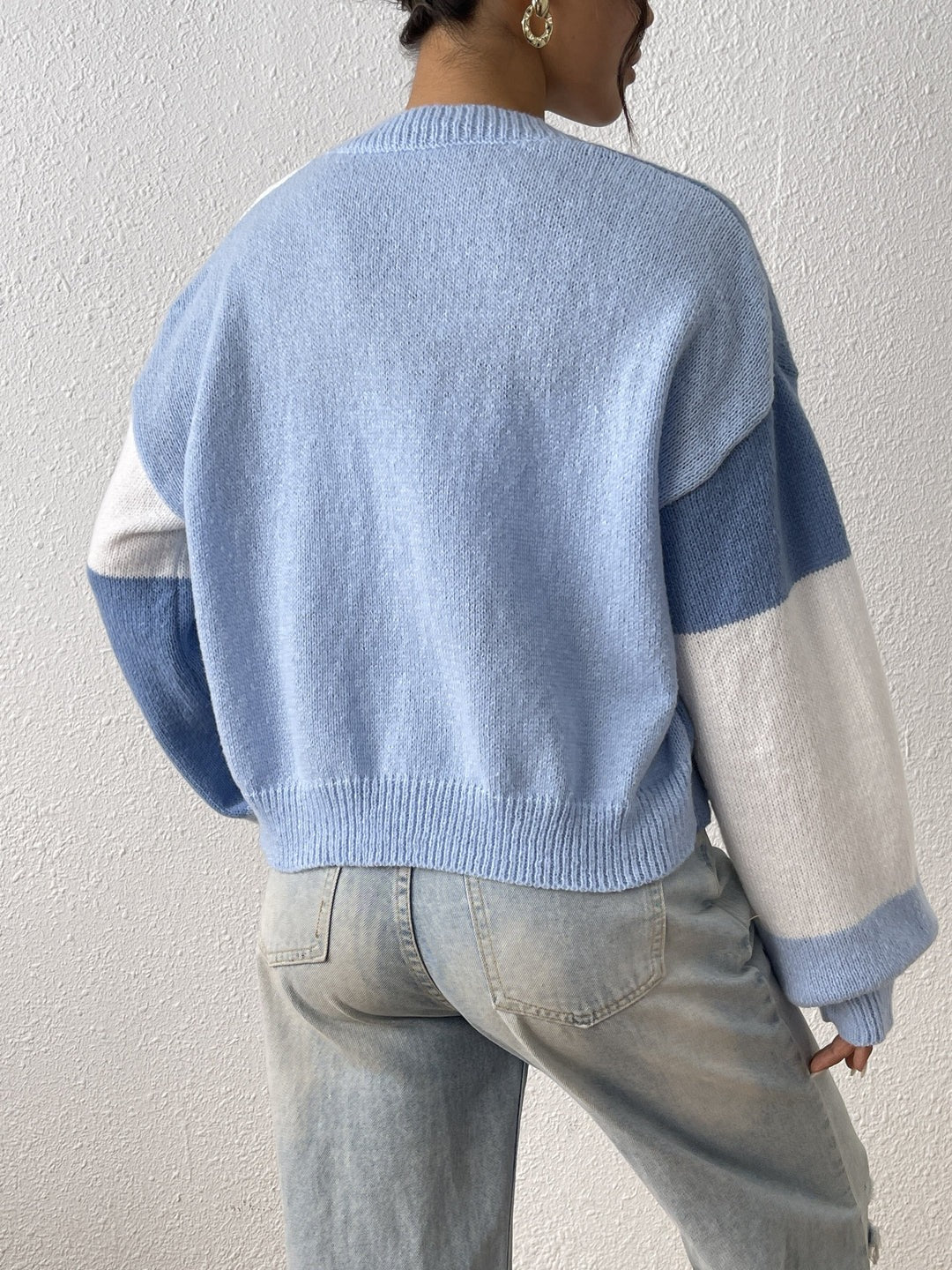 Cropped Colour Block Cardigan Open Front Drop Shoulder Ribbed Cuffs