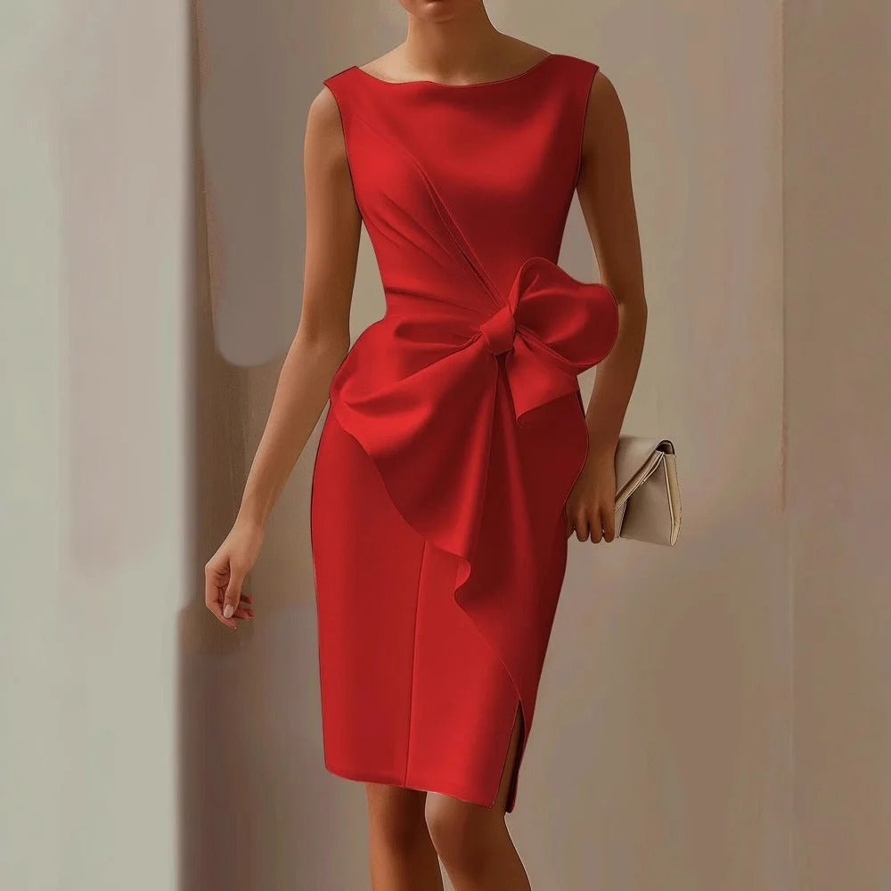 Sleeveless Ribbon Waist Dress Oversized Bow Fitted Silhouette Statement Waist