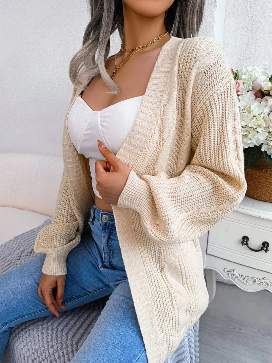 Oversized Cable Knit Cardigan Open Front Patch Pockets Batwing Sleeves