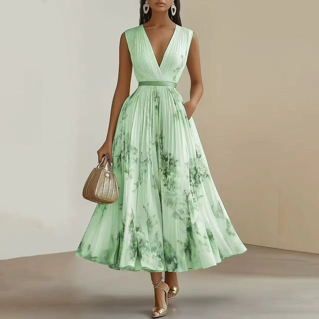 Elegant Pleated Maxi V-Neck Dress Flowing Pleated Design Adjustable Waist Tie
