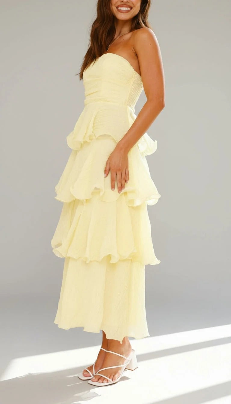 Strapless Tiered Ruffle Maxi Dress Fitted Bodice Three-Tier Skirt Elegant Wedding Wear