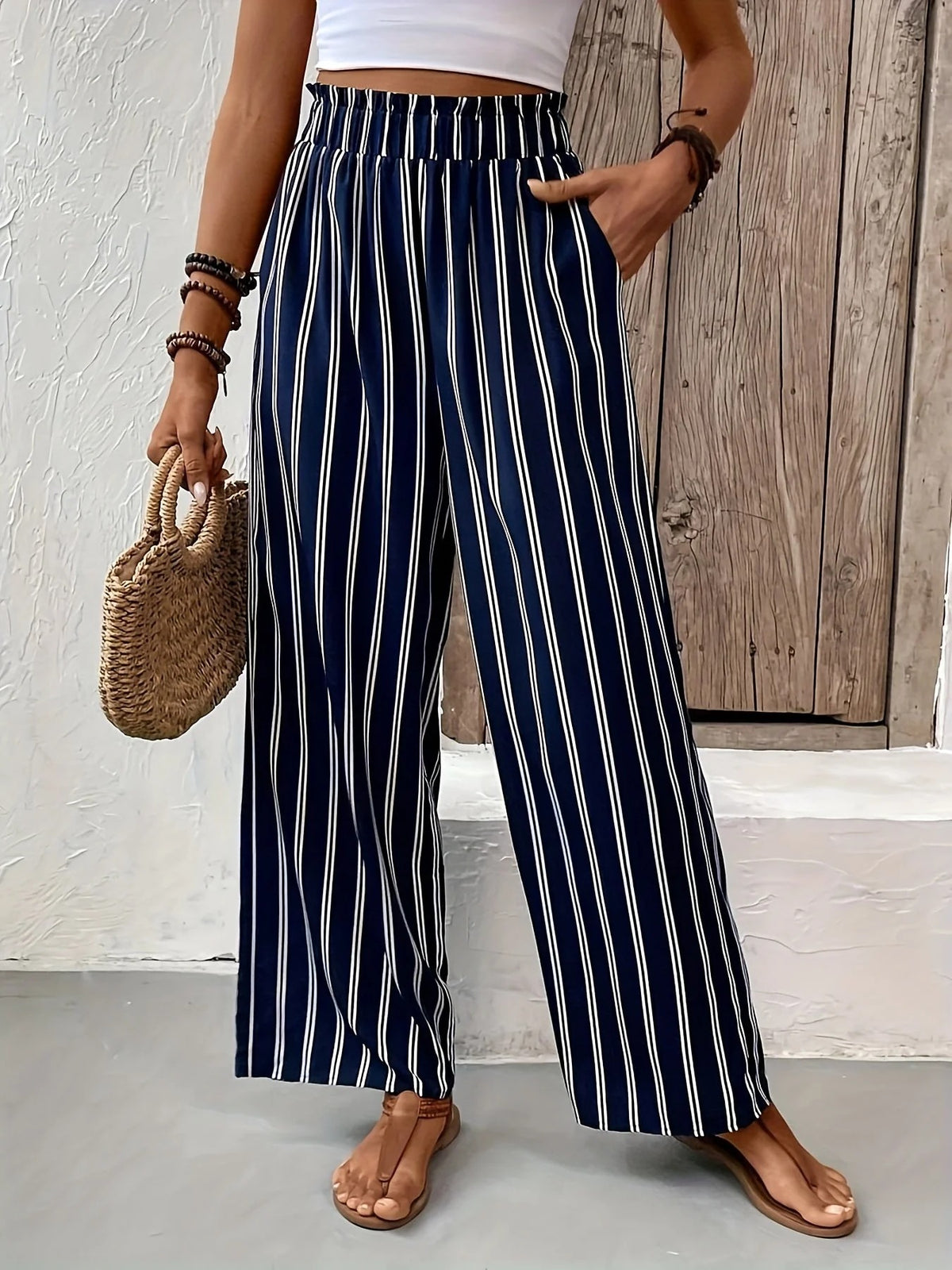 Navy Striped Palazzo Trousers Elasticated Waist Flowing Leg