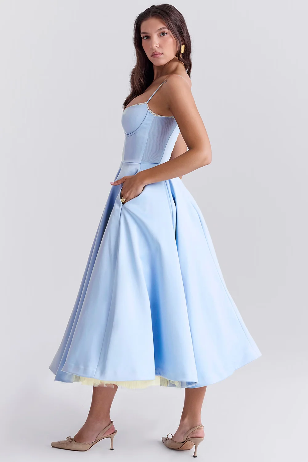 Boned Corset Midi Dress Sweetheart Neckline Tulle Skirt Pockets