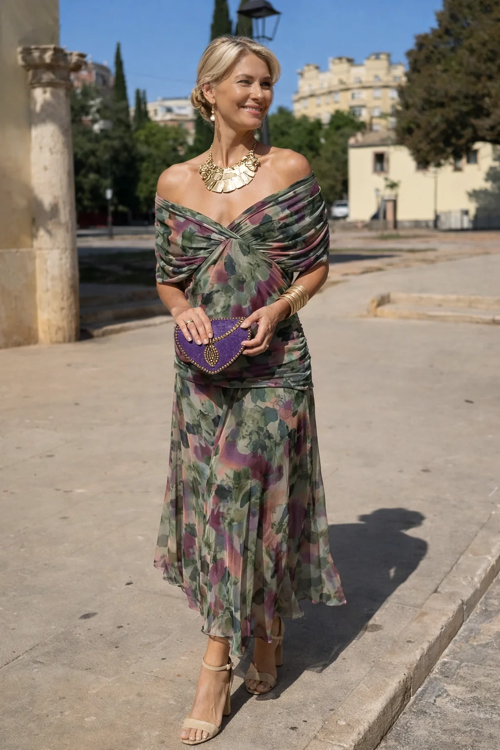 Chiffon Maxi Dress V-Neck Ruched Waist Floaty Sleeves Ankle-Length