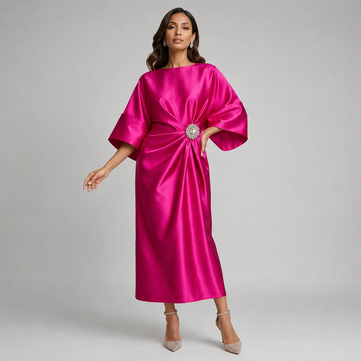 Satin-Look Batwing Sleeve Midi Dress Boat Neckline Jewel Brooch Waist Detail