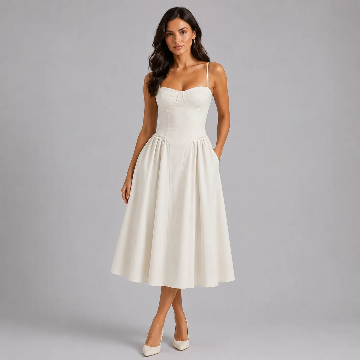 Floral Corset Midi Dress Sweetheart Neckline Spaghetti Straps Gathered Skirt
