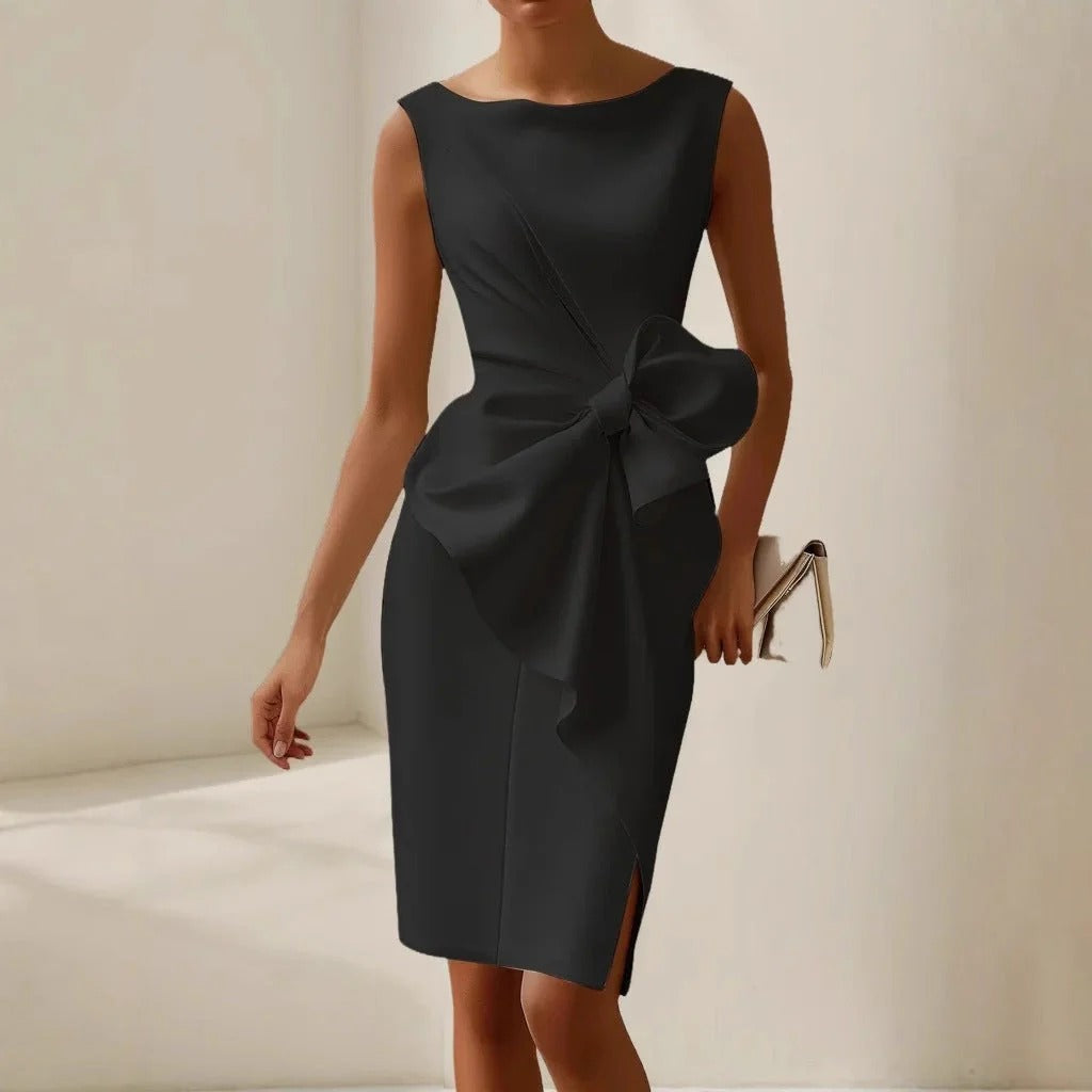 Sleeveless Ribbon Waist Dress Oversized Bow Fitted Silhouette Statement Waist