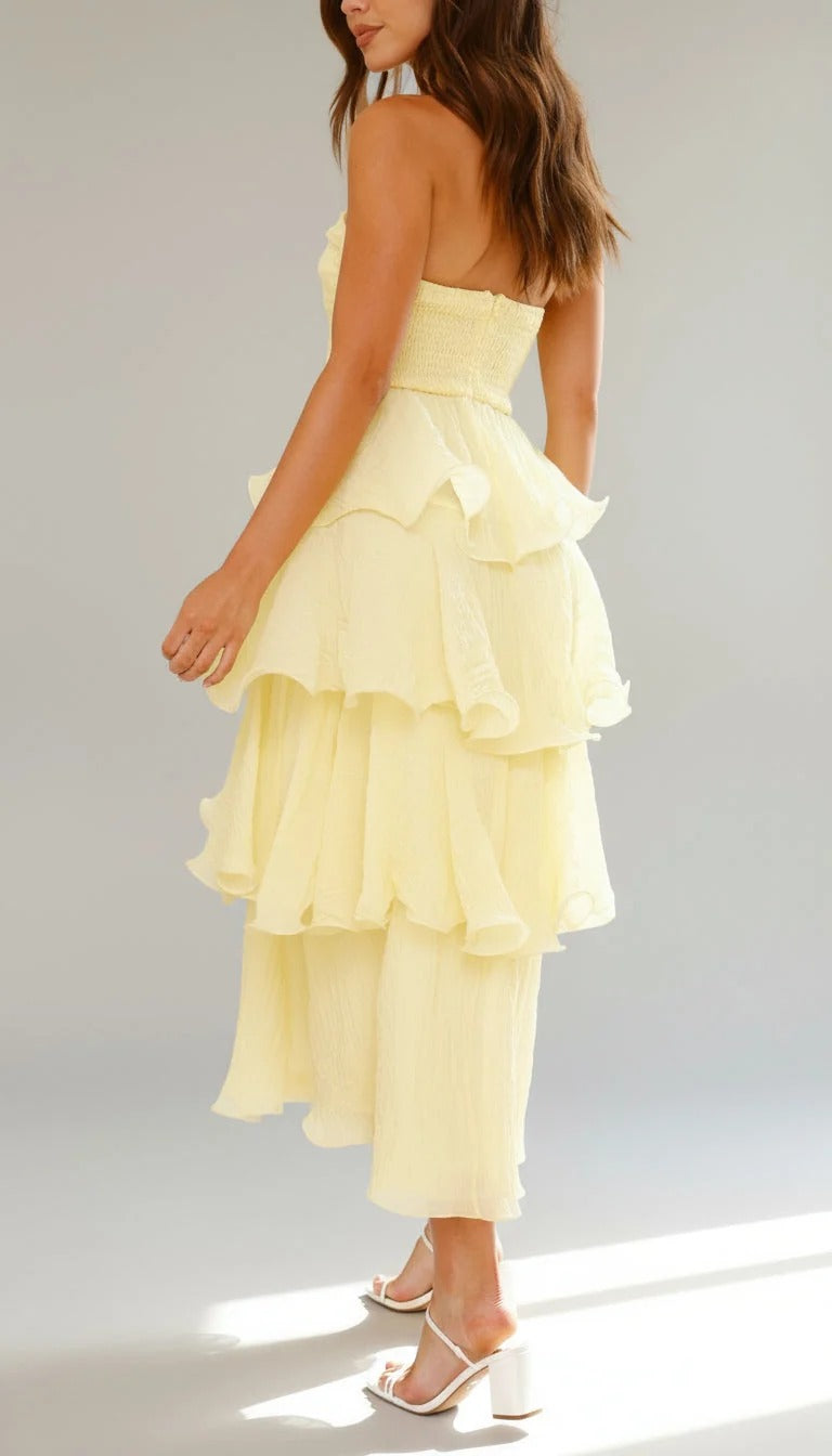 Strapless Tiered Ruffle Maxi Dress Fitted Bodice Three-Tier Skirt Elegant Wedding Wear
