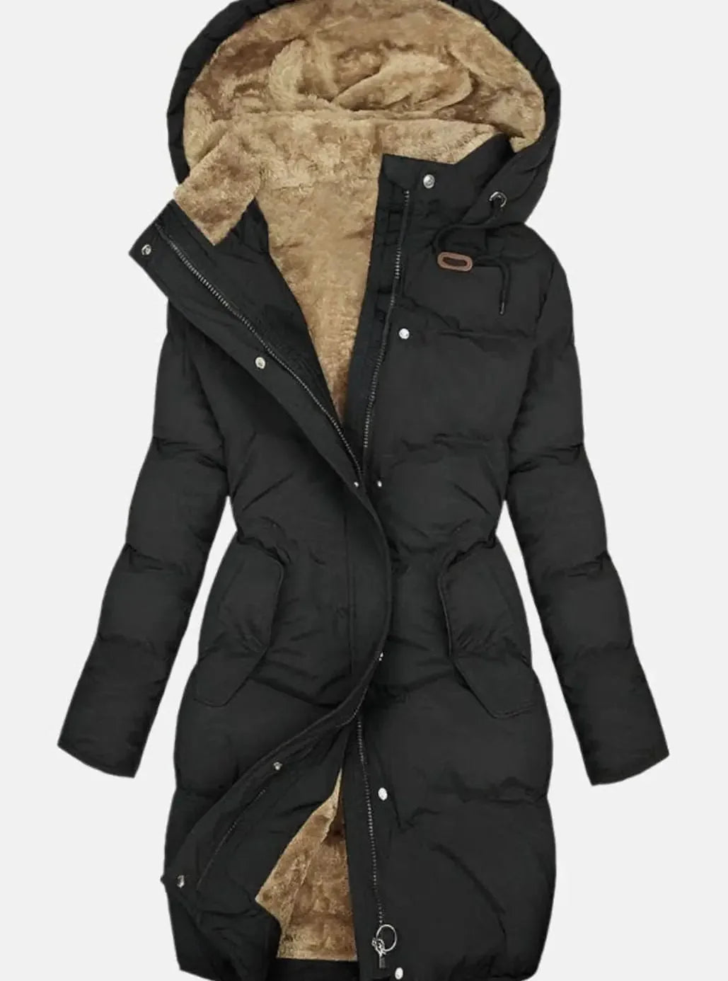 Long Quilted Hooded Coat – Black
