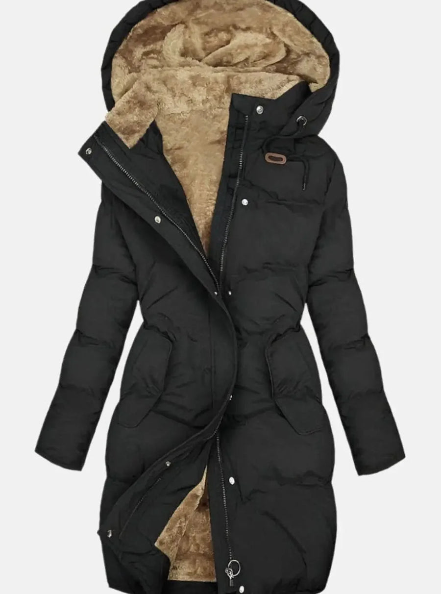 Long Quilted Hooded Coat – Black