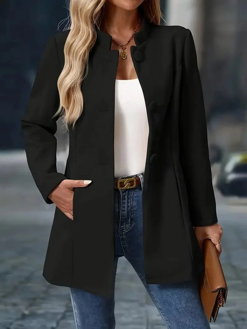 Stand Collar Button Coat – Black