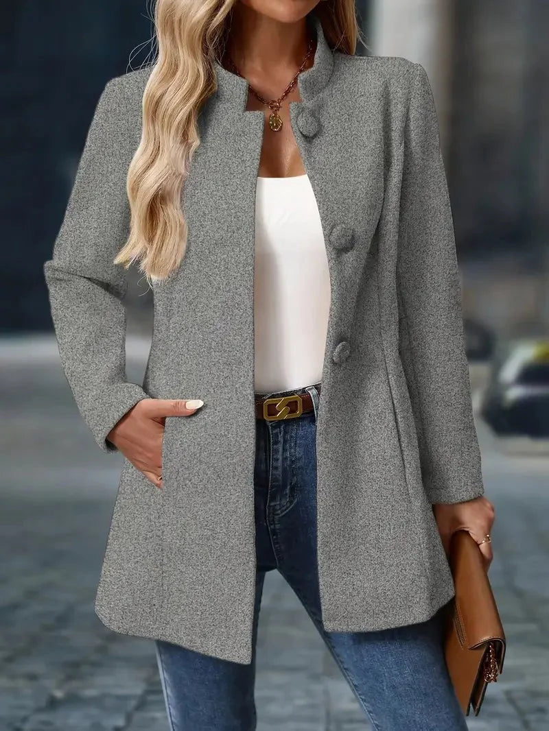 Stand Collar Button Coat – Grey