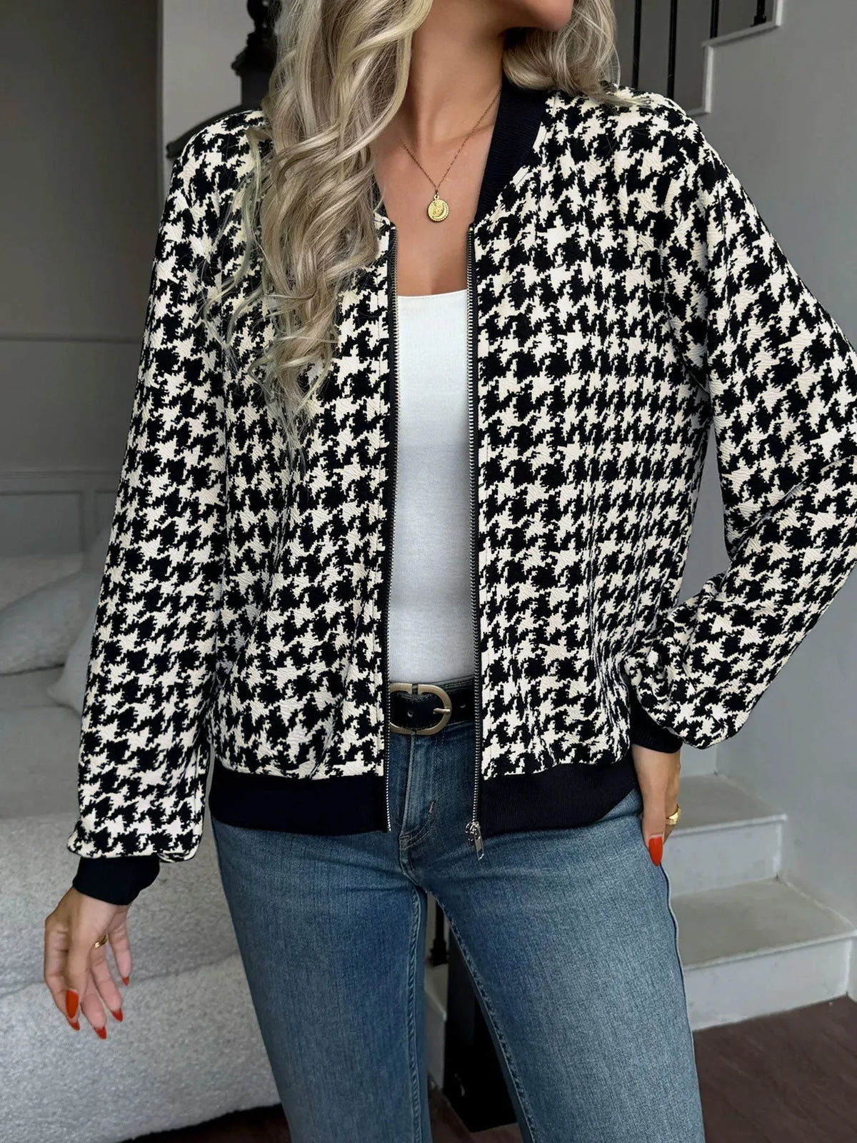 Houndstooth Bomber Jacket – Black