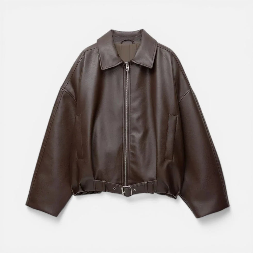 Oversized Faux Leather Bomber – Brown
