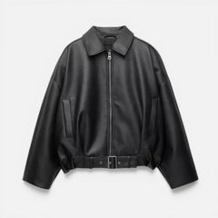 Oversized Faux Leather Bomber – Black