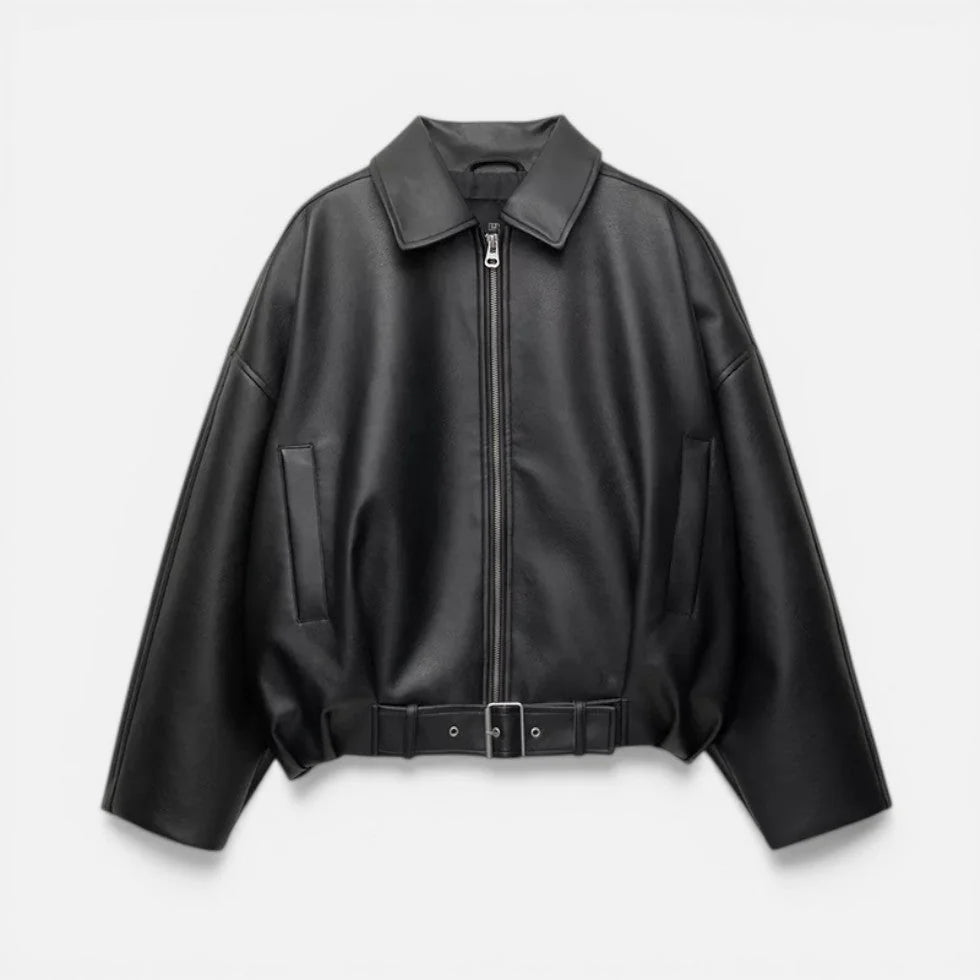 Oversized Faux Leather Bomber – Black