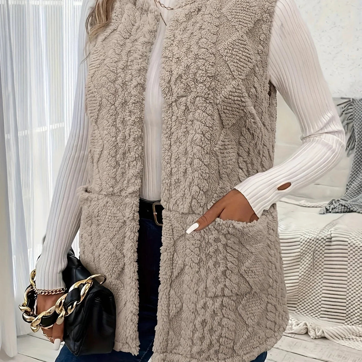 Textured Longline Sleeveless Vest – Khaki