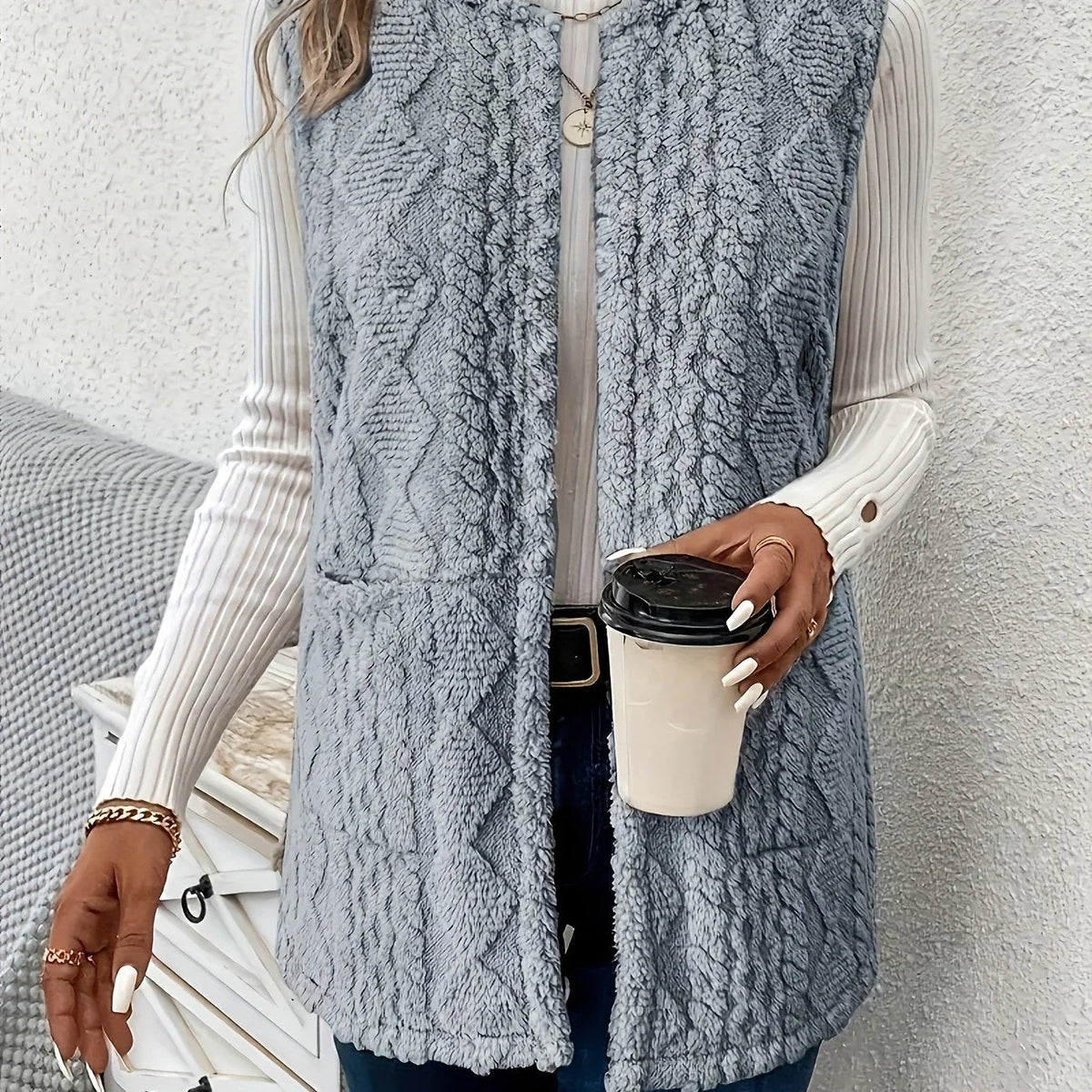 Textured Longline Sleeveless Vest – Slate Grey