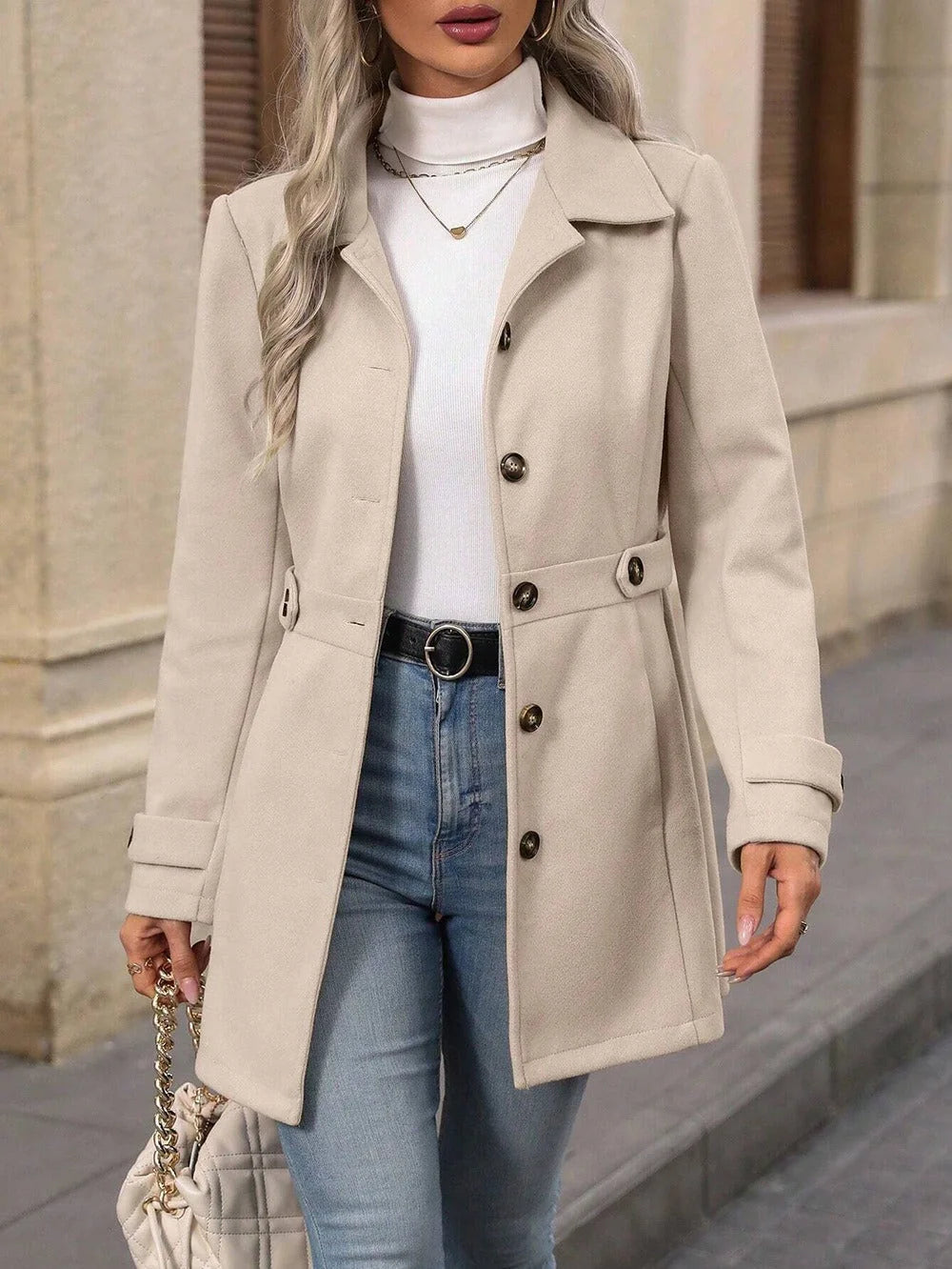 Tailored Belted Trench Coat – Beige