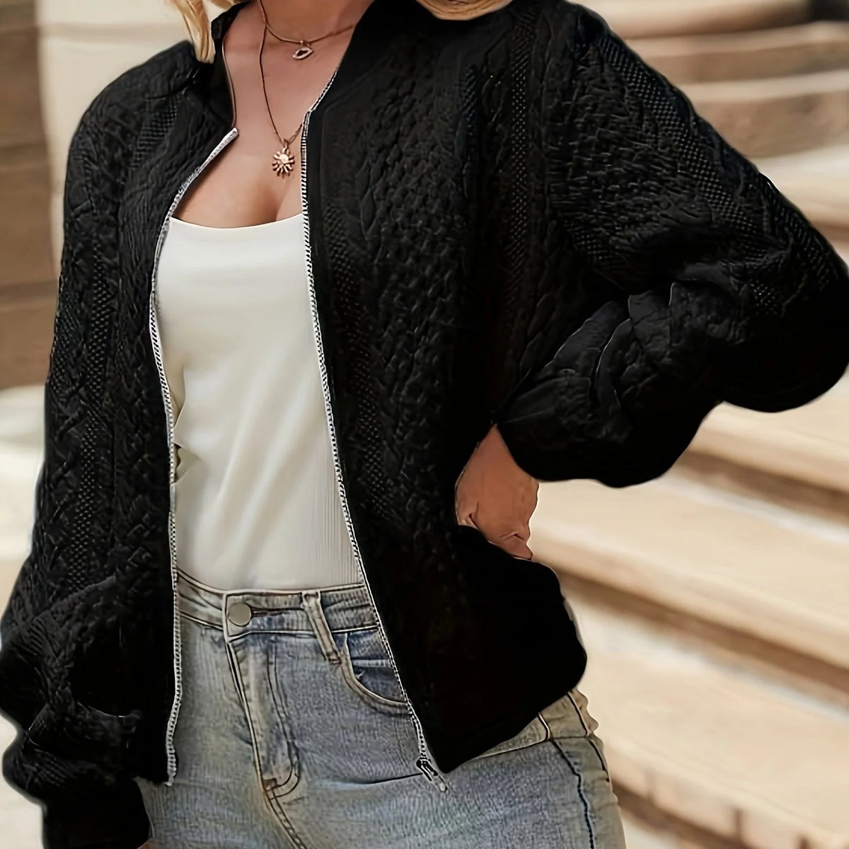 Oversized Jacquard Bomber Jacket – Black