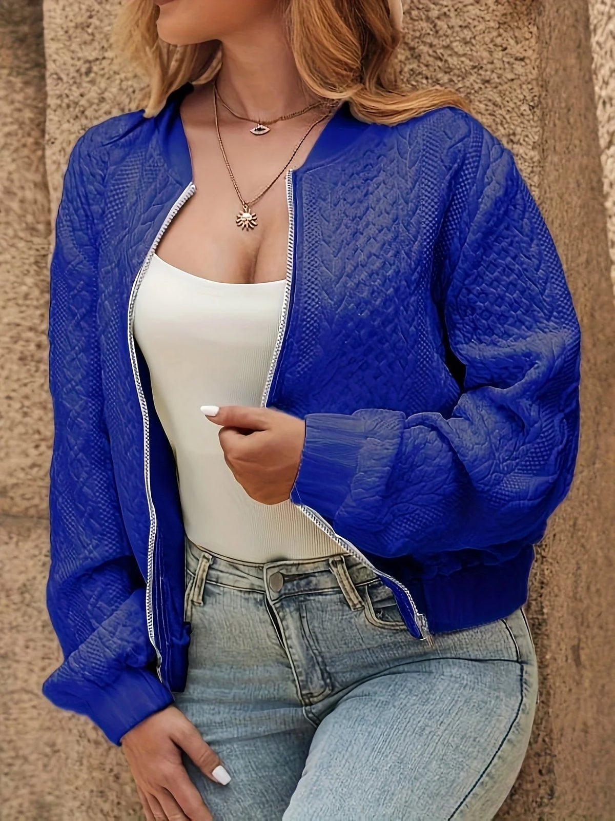 Oversized Jacquard Bomber Jacket – Blue
