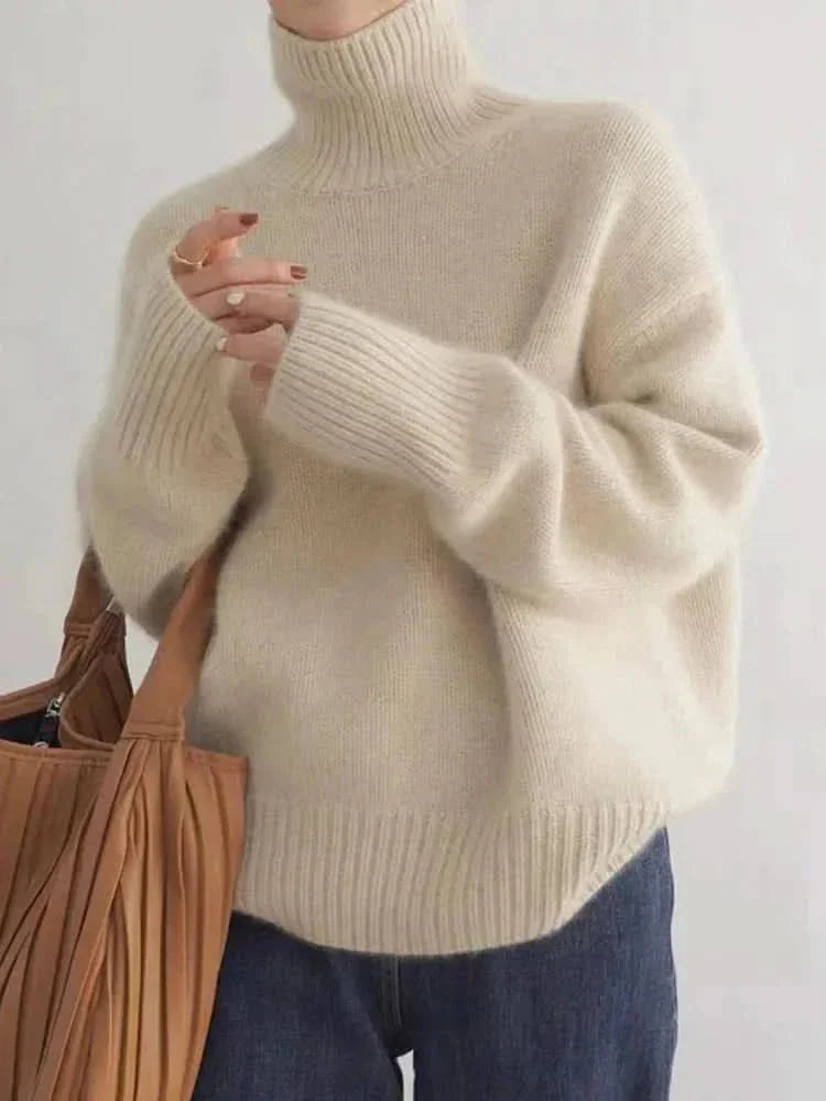 High-Neck Cashmere Sweater – Beige